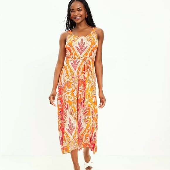 LOFT Dresses & Skirts - Loft Orange Paisley Midi Tank Dress S Tropical Summer Coastal Wedding Guest